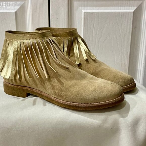 kATE SPADE ANKLE BOOTS FRINGE BOHO SUEDE GIPSY TAN/GOLD TRUFFLE SIZE 6.5 - Picture 12 of 16